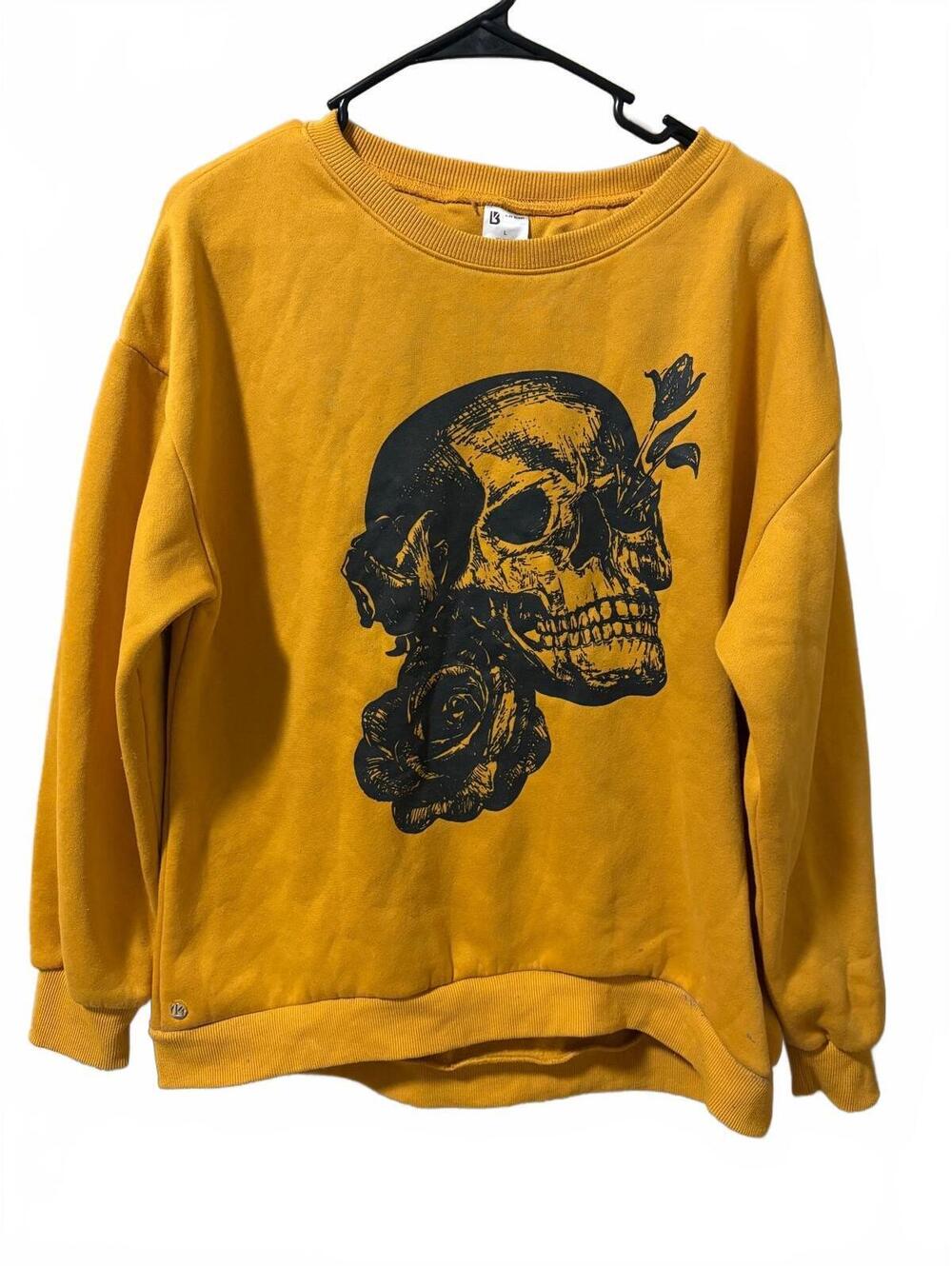 Buffbunny Bloom Skull Rose Yellow Graphic Oversized Sweater Gym Goth Women's L